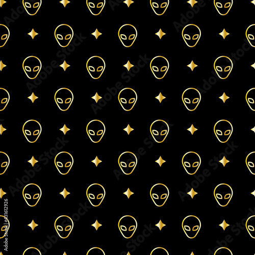 Golden alien and stars seamless pattern vector art.