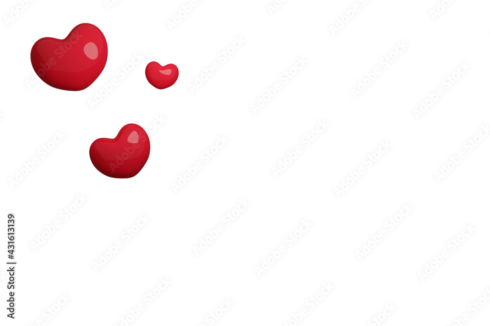 3D render heart. 3 Red realistic hearts with shadow isolated on white background.