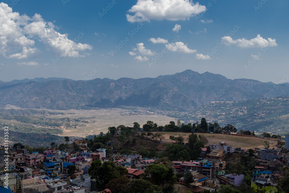 The scenic beauty landscape view of Tundikhel, Tansen and Madi Phat, Tansen from the Shreenagar Hill of Tansen, Palpa, Nepal