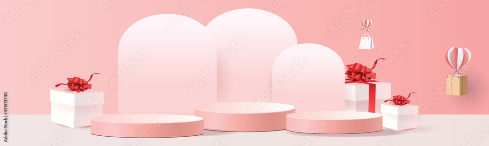 3d podium pink modern background and gifts box illustration vector for shopping online sale vector illustation valentine. 3d podium pink modern background and gifts box illustration vector for shopping online sale vector illustation valentine.
