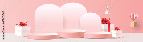  3d podium pink modern background and gifts box illustration vector for shopping online sale vector illustation valentine.