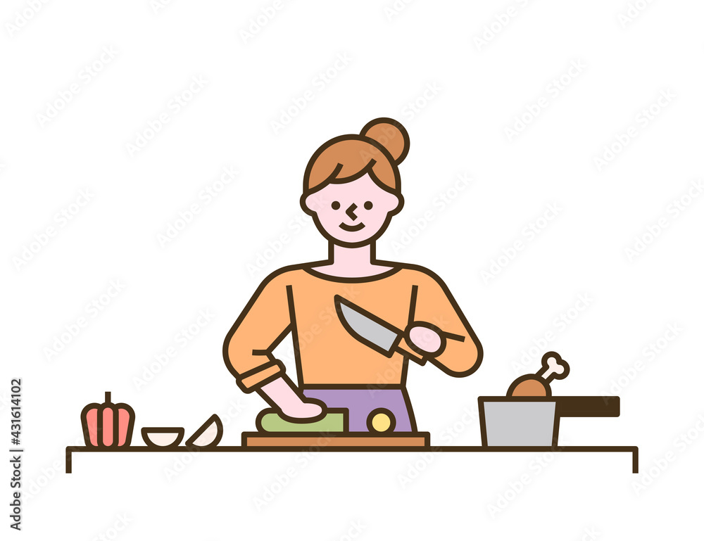 A woman is cooking by chopping vegetables on a cutting board. flat design style minimal vector illustration. A woman is cooking by chopping vegetables on a cutting board. flat design style minimal vector illustration.