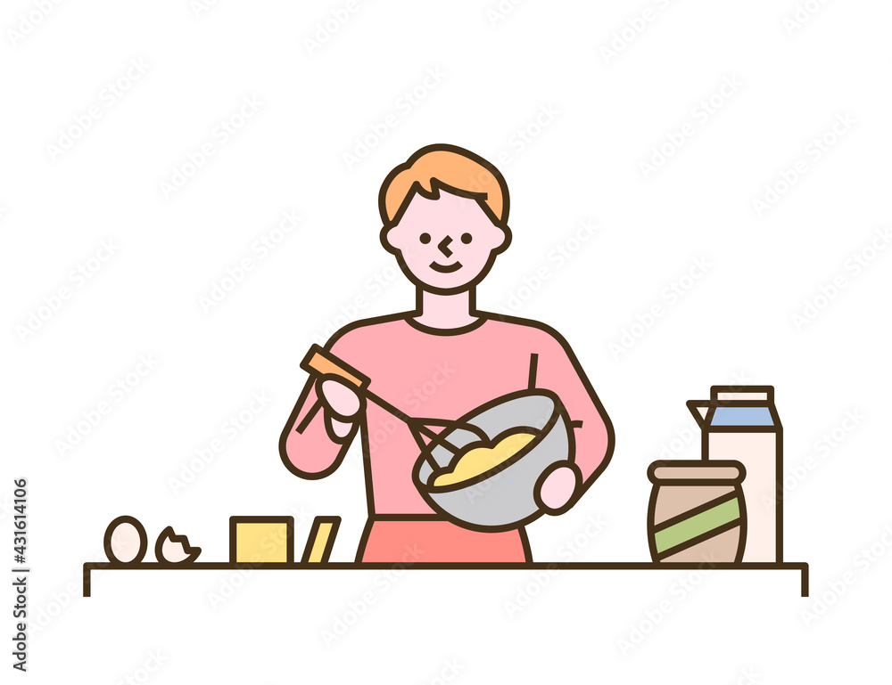 A man is making bread while whipping with a bowl. flat design style minimal vector illustration.