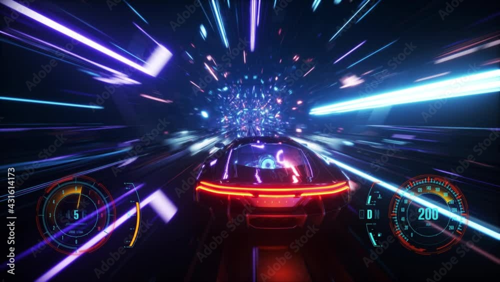 4K looped Speed racing fake 3D Video game with HUD. Neon tunnel