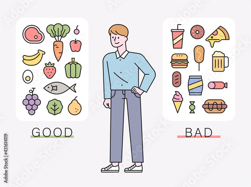 A man sorts diet-friendly foods and high-calorie foods. flat design style minimal vector illustration.