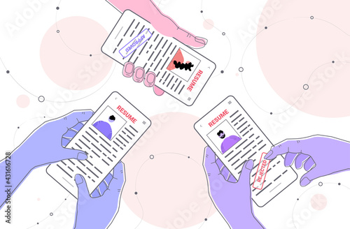 hr managers choosing cv portfolio of job candidate resume with approved rejected on smartphone screens