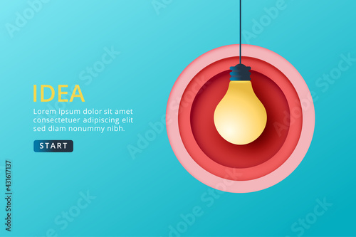 Creative idea, Innovation, Brainstorming concept with big light bolb and red circle paper cut layers on blue background.