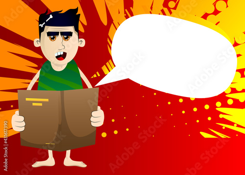 Cartoon prehistoric man reading a book. Vector illustration of a man from the stone age.