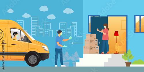 Online Delivery Order Driver Wearing Mask, Gloves and Come with Van to Deliver Carton Boxes to Buyer by Keeping Distance for Safety Social Distancing to Protect Coronavirus Covid-19 for Receiver