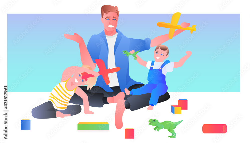 young father playing with little children at home fatherhood parenting concept dad spending time with his kids