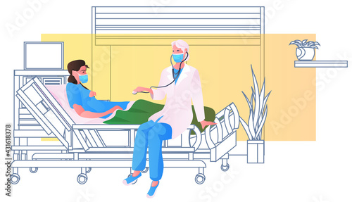 doctor in mask using stethoscope examining pregnant woman patient in hospital bed gynecology consultation