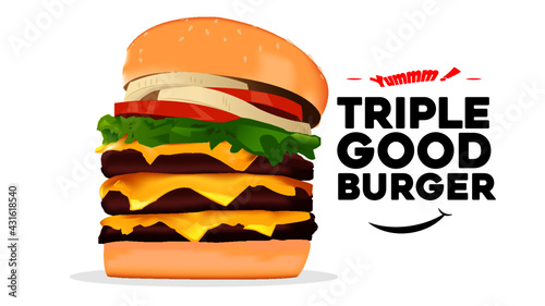 Triple Cheeseburger Lettuce Tomato Onion Burger On White Background Vector Art Fast Food Restaurant