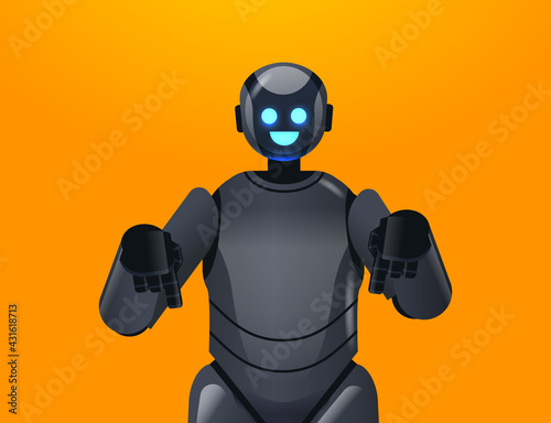 black robot cyborg pointing at something modern robotic character artificial intelligence technology concept