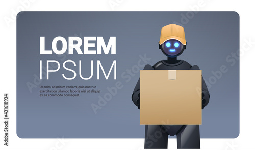 black robot courier robotic deliver holding cardboard box delivery service artificial intelligence concept horizontal