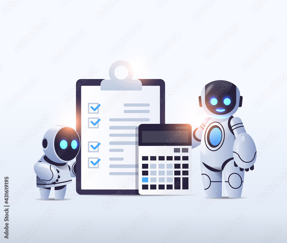 robots with clipboard and calculator financial data report organization process analytics accounting robots with clipboard and calculator financial data report organization process analytics accounting