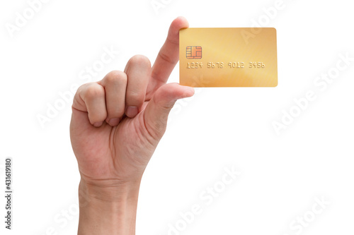 Male hand hold gold credit card isolated on white background.