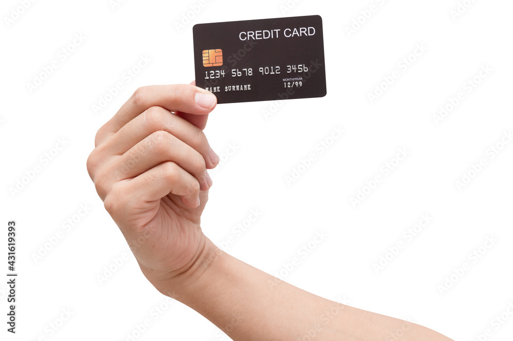 Male hand hold black credit card isolated on white background. Male hand hold black credit card isolated on white background.