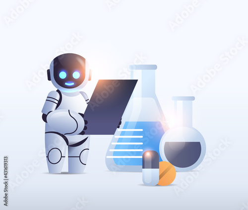 robot chemist with test tubes making chemical experiment in lab microbiology science artificial intelligence technology