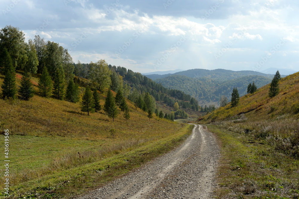 Western Siberia. The road in the foothills of the Altai Mountains to the taiga village of Generalka