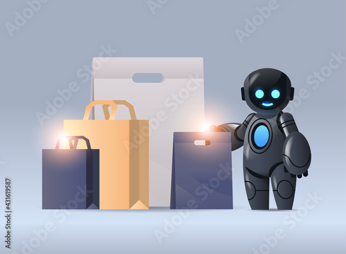 robot with purchases sale holiday shopping artificial intelligence technology concept horizontal