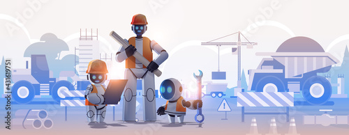 robots engineers in hardhats holding drawings robotic architects with blueprints artificial intelligence technology