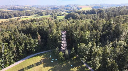 Aerial drone shot flying down and tilting up showing the Pfannenstiel observation tower photo