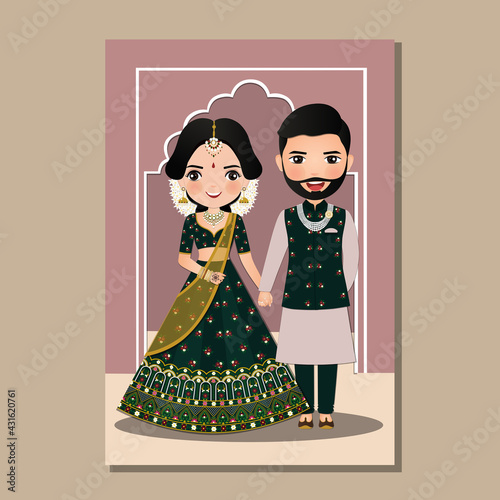 Leinwand Poster Wedding invitation card the bride and groom cute couple in traditional indian dress cartoon character