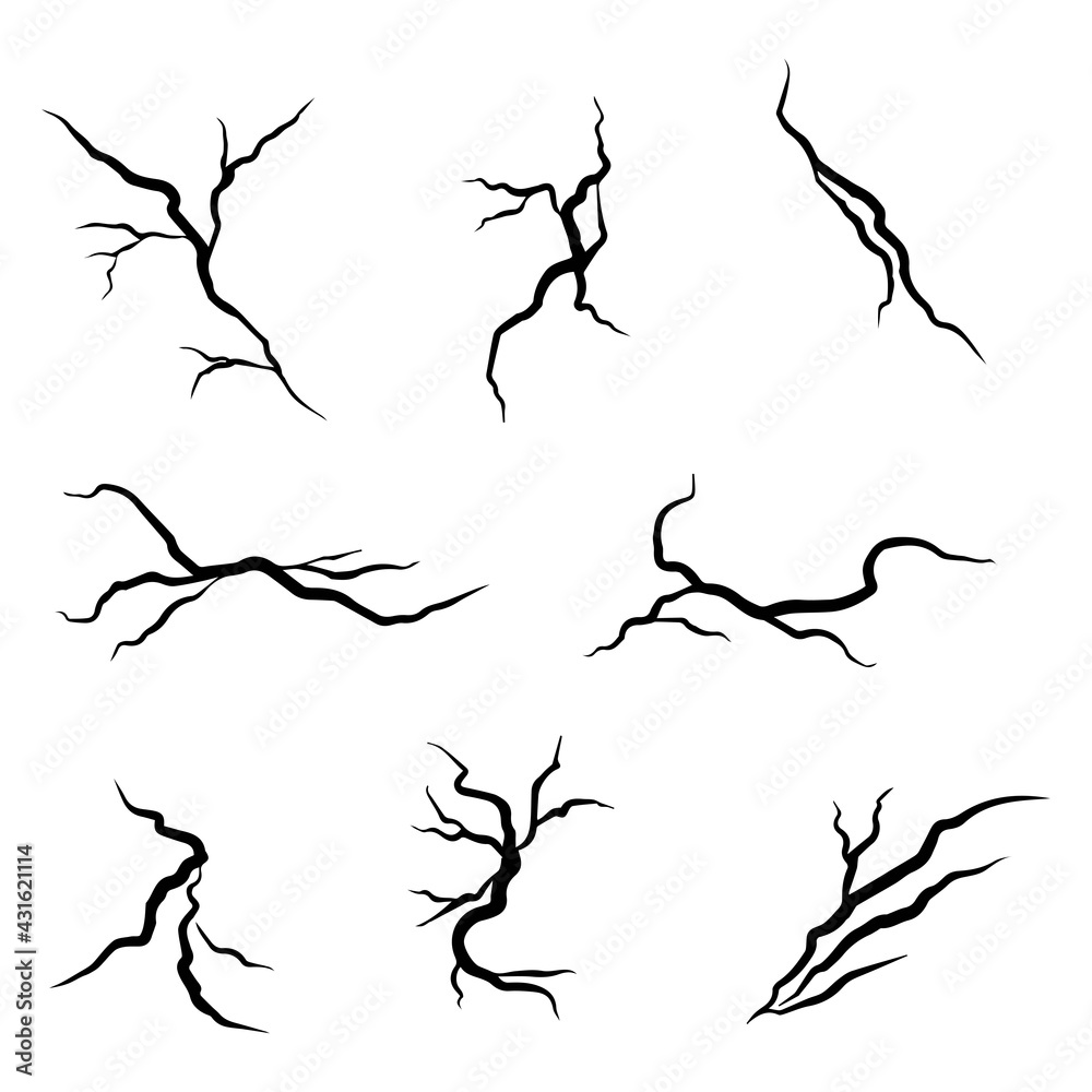 hand drawn cracked wall, ground, glass, egg. doodle break set. vector illustration