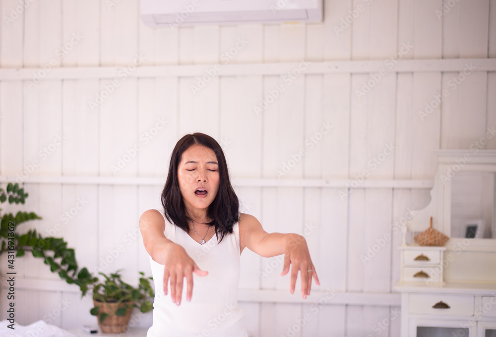 Asian woman sleepwalker with somnambulism sleep and walking in bedroom Asian woman sleepwalker with somnambulism sleep and walking in bedroom