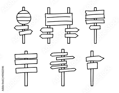 Set. Old various road signs. Road signs.  With signs and arrows. Drawn in doodle style by outline. Vector illustration