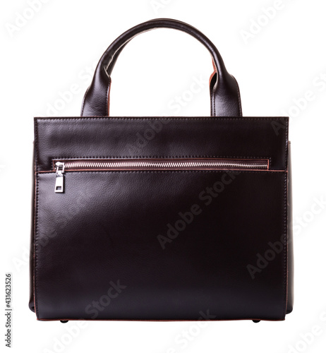 Brown leather bag for women. Two handles for carrying the bag in the hands. On a white background