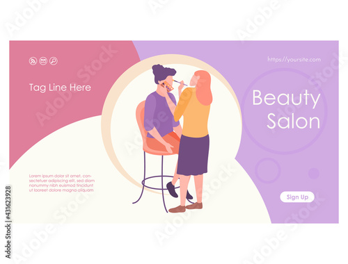 Woman stylist putting makeup to girl web page