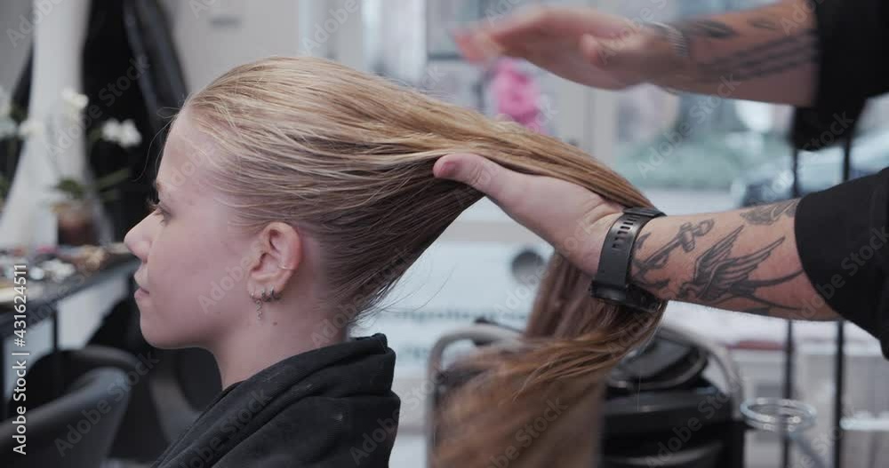 Hairdresser Putting Hands Through Woman'S Wet Hair Hairdresser Putting Hands Through Woman'S Wet Hair