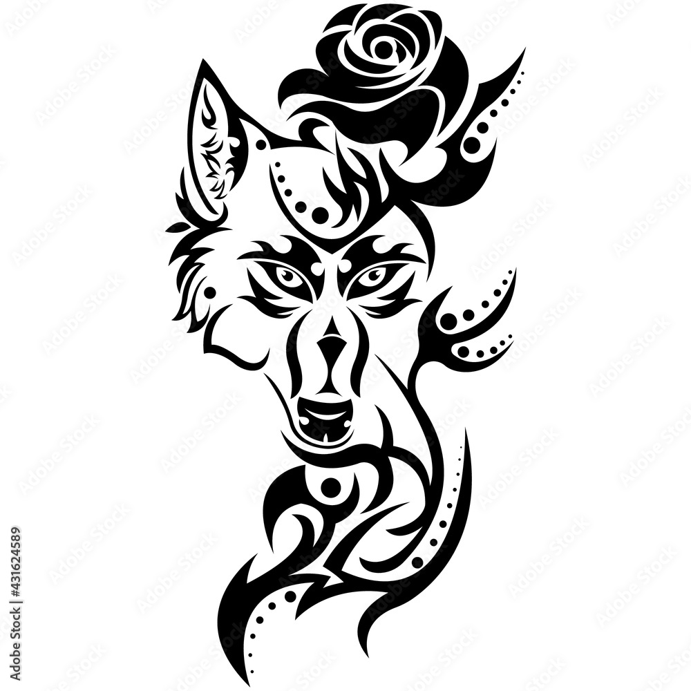 Fototapeta Sylwetka, kontur pyska wilka w kolorze czarnym zamiast jednego ucha róży. Liniowy styl tatuażu. Projekt nadaje się do logo zwierząt, tatuażu, wystroju, muralu, klubu łowieckiego, firmy. Izolowany wektor