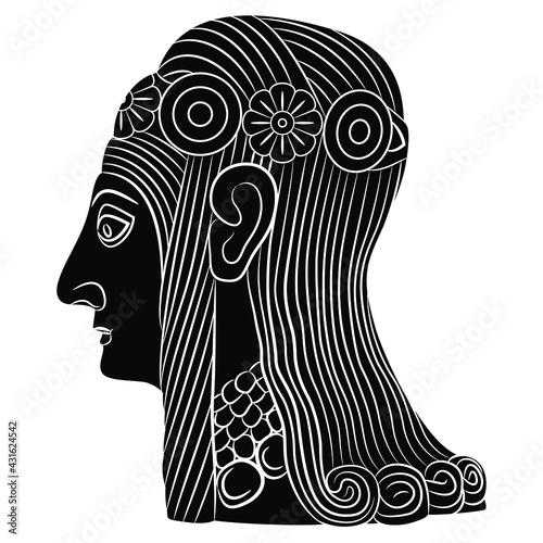 Human portrait in profile. Ancient man or woman with long hair from Nimrud. Black and white silhouette.