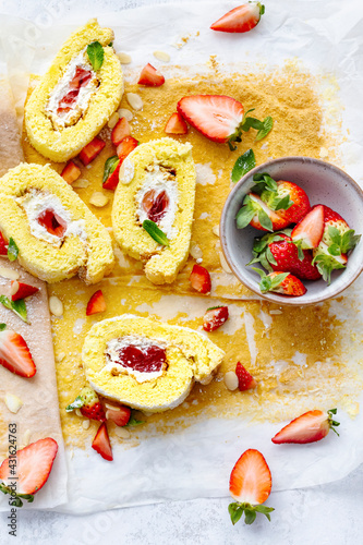 Strawberry Swiss roll flat lay food photography