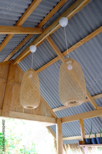 Beautiful wooden geometric ceiling lamp interior contemporary