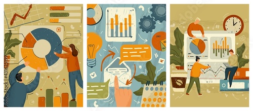 Business team work with dashboard concept vector illustration. Hand drawn set of data analytics posters. People work with data graph, finance reports. Business and office icons design