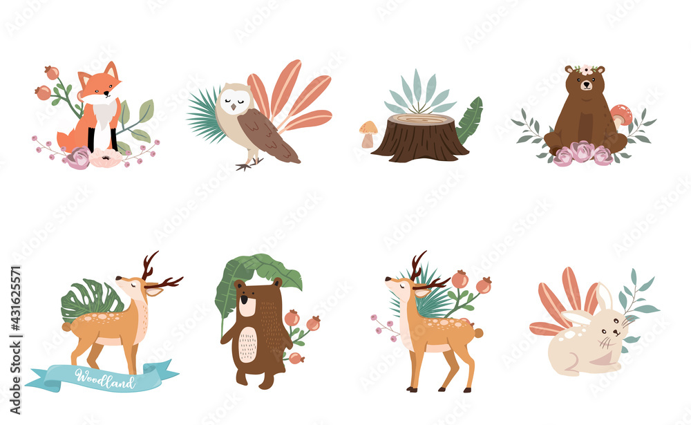 Obraz premium Cute woodland object collection with bear,owl,fox,deer,mushroom and leaves.Vector illustration for icon,sticker,printable