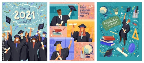 Students in face mask celebrate their graduation day. Students get their university degree certificate online by video call. Virtual graduate ceremony concept vector illustration