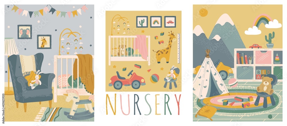 Nursery room interior hand drawn vector illustration set. Home modern interior design. Newborn child room furniture and accessories. Baby crib, colorful wallpaper, kids toys, playground