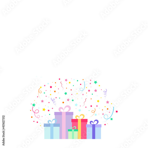 Fototapeta Naklejka Na Ścianę i Meble -  Happy birthday party, birthday party, colorful gift box full of twinkling lights. Glitter, party background, fireworks, flat vector illustration and icons