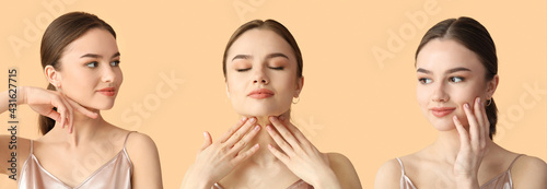 Young woman giving herself face massage on color background