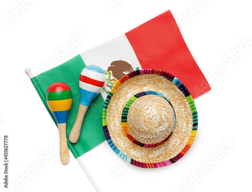 Mexican flag, maracas and s...