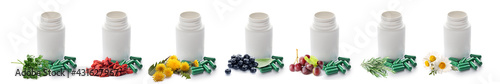 Fotografie Different vitamin supplements on white background