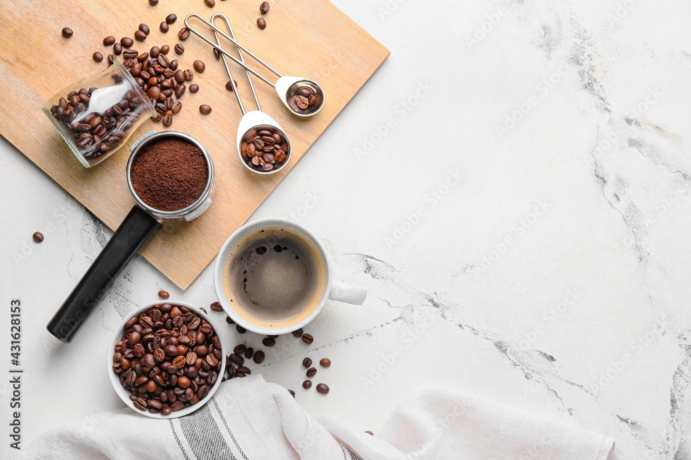 Composition with cup of coffee, beans and powder on light background - obrazy, fototapety, plakaty 