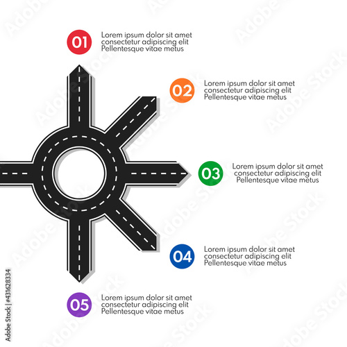 road line with ring crossroad and 5 different exits, vector infographics template