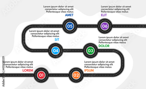 6 steps road map or timeline progress infographic, vector template
