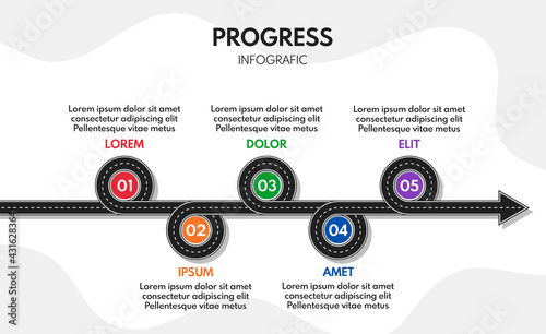 5 steps road map or timeline progress infographic, vector template