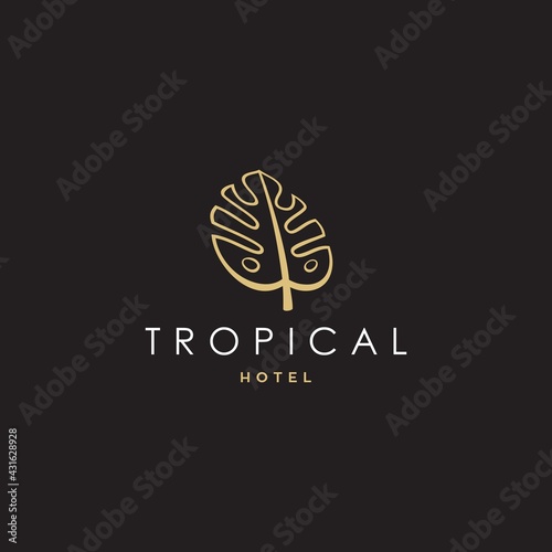 minimal golden monstera deliciosa deliciousa leaf logo vector icon illustration in Geometric line outline style